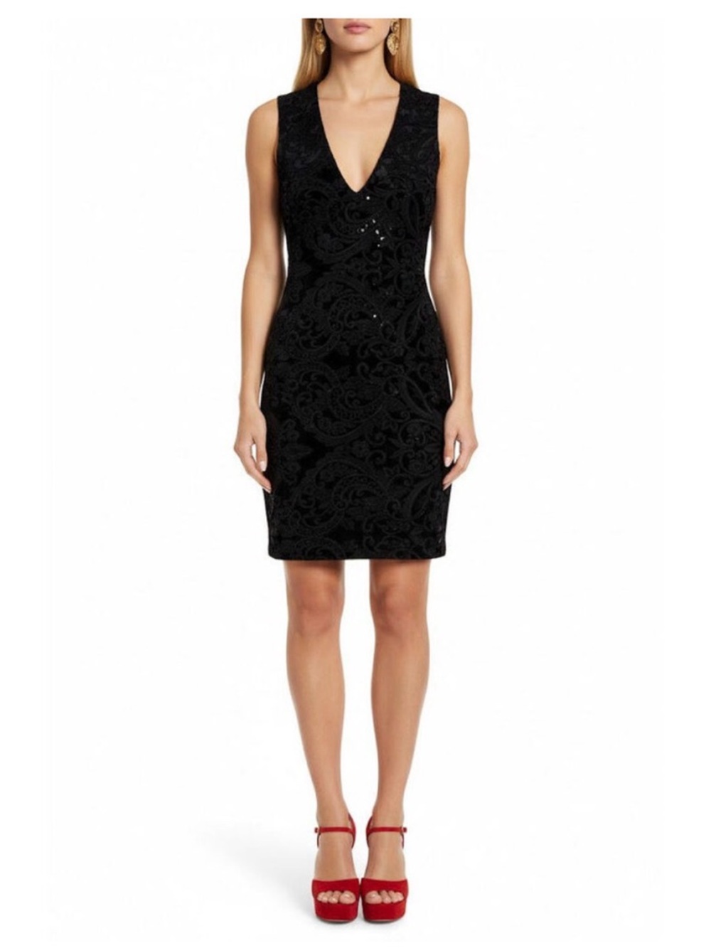 Alice & Olivia - Black Velvet Paisley Print Sequins Dress Size 6